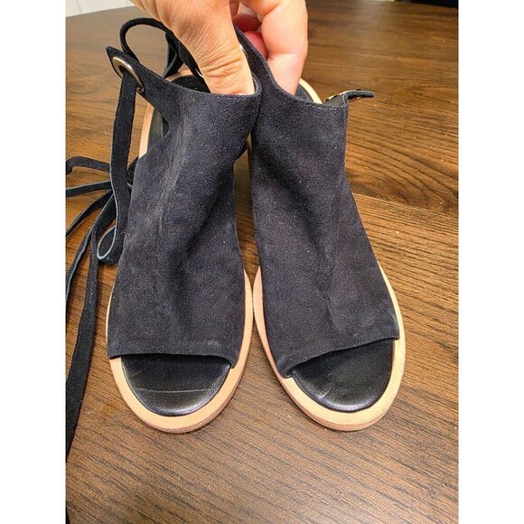 Black Suede Open-Toe Heeled Sandals With Wraparound Straps & Wooden Block Heel B - Picture 15 of 16